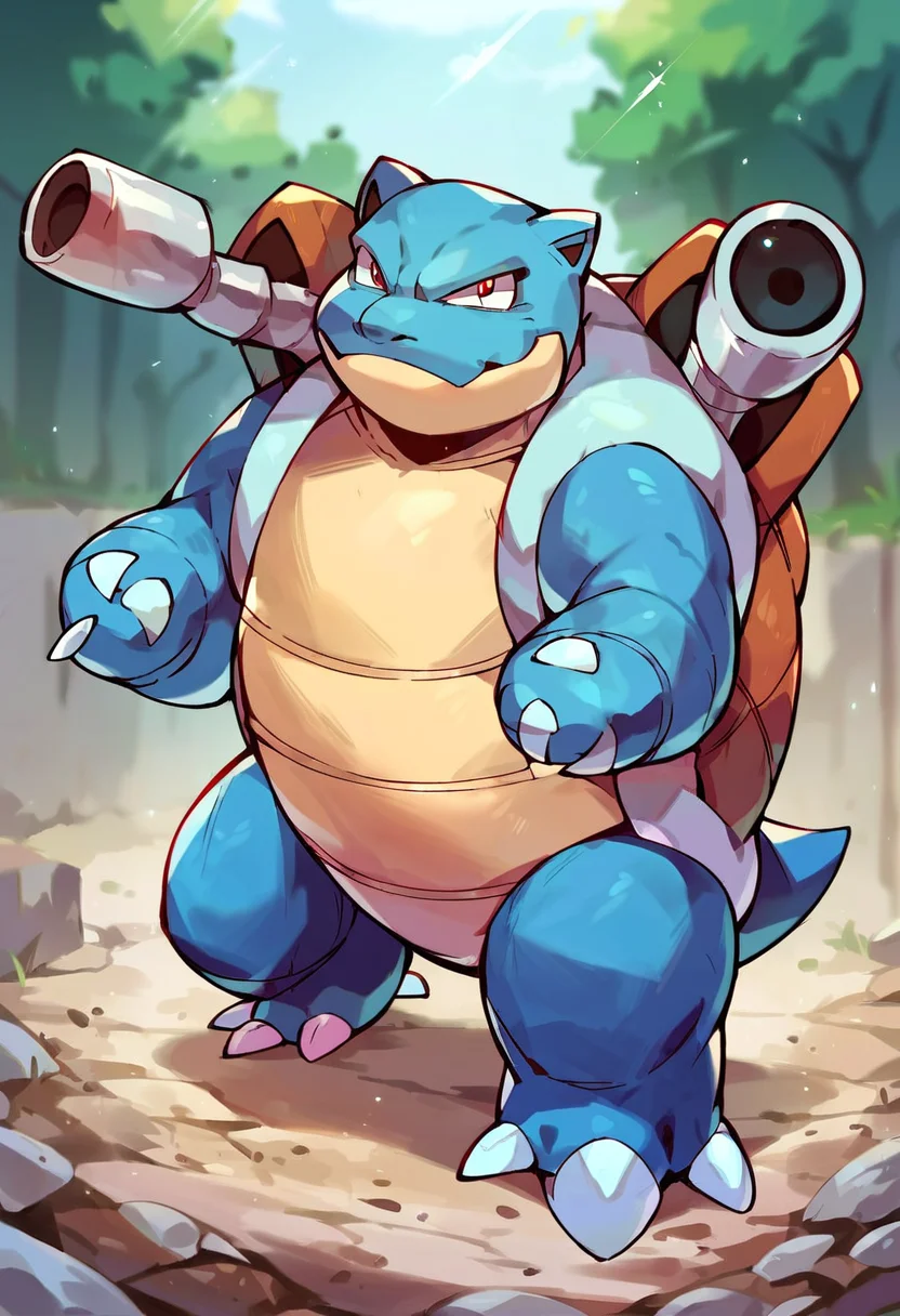 score_9, score_8_up, score_7_up, score_6_up, source_furry, solo, blurred background, dof, full-length portrait, <lora:POKEMON_BLASTOISE:1> pokemon (creature), blastoise, canons