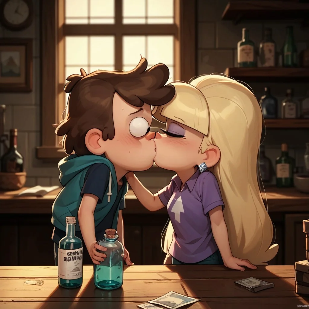 score_9, score_8_up, score_7_up, score_6_up, score_5_up, score_4_up, 1boy, 1girl, DipCif, blushing, embarrassed, spin the bottle, kissing