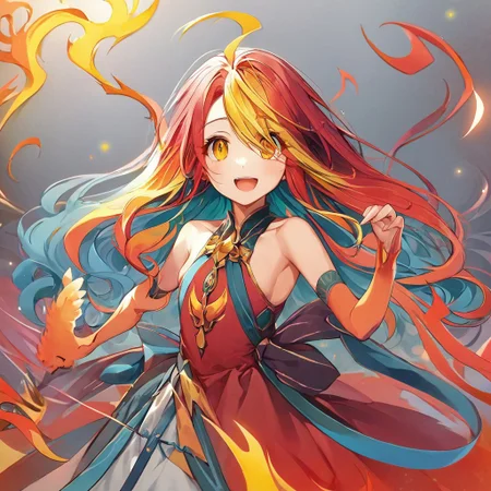 score_9,score_8_up,score_7_up,score_9,score_8_up,score_8,ultra detailed, beautiful face, highres, Expressiveh,
BREAK, 1girl, solo, kamiya yuu, no game no life, official art, 
gradient hair, multicolored hair, multicolored eyes,
(red hair:1.3), curly hair, yellow hair ends, yellow highlights, phoenix girl, red eyes, yellow eyes, gradient eyes, red dress, bare shoulders, straps, slight cleavage,
happy, looking at viewer, giddy, smile, open mouth,
jyojifuku, dress, phoenix dress, fire element, composed of fire elements,