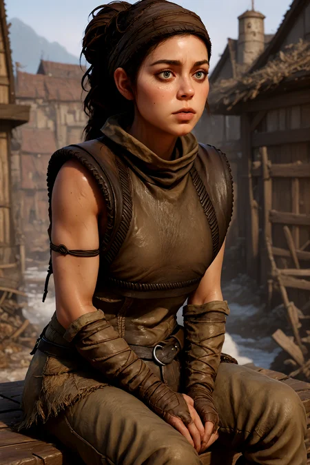 1 girl,  <lora:Senua2_lora:0.8> senua, brown hair,long hair,ponytail,armor,pants,dirty face,sitting, leaning forward,, <lora:detailed_notrigger:1> zPDXL2, PonyXLV6_Scores, <lora:Hyper-SDXL-8steps-lora:1>
