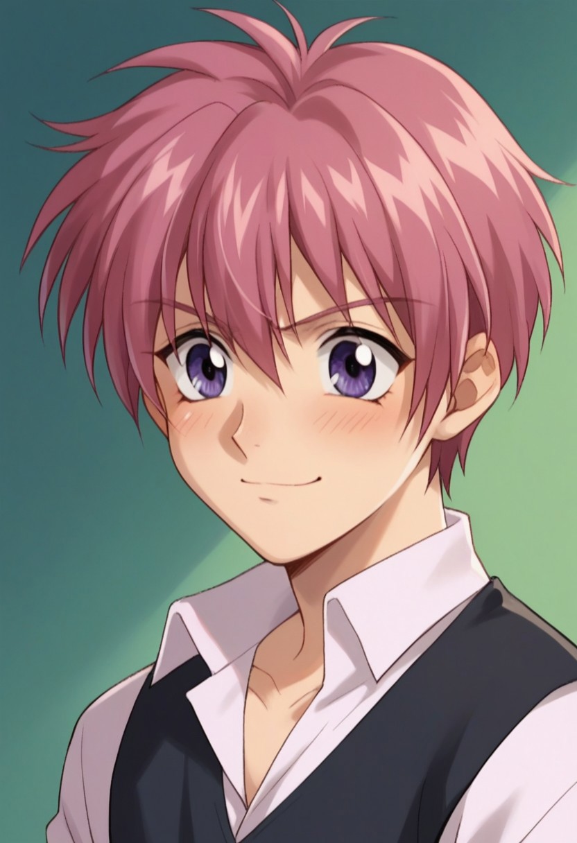 score_9, score_8_up, score_7_up, source_anime, highly detailed, 
ShuichiShindou, 1boy, solo, hort hair, smile, pink hair, shirt, collared shirt, vest, upper body, purple eyes, puffy cheeks
indoor, frown, blush, parody