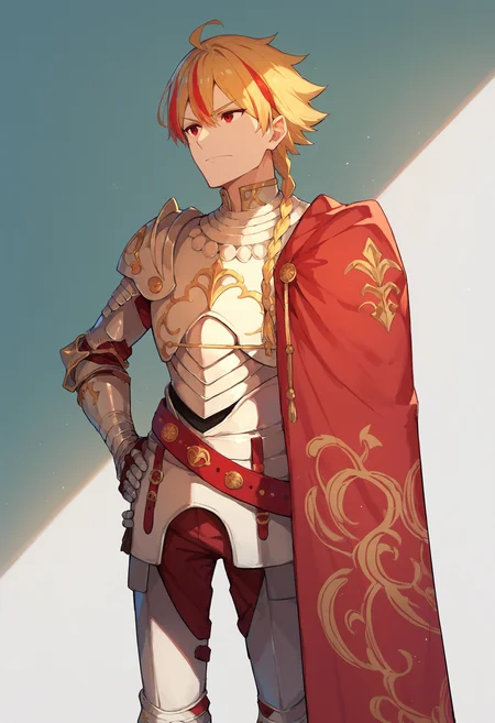 score_9_up score_8_up score_7_up, 1boy single braid, armor red cape belt, simple background, hand on hip
<lora:richard_i_true_saber_xlpony:1>