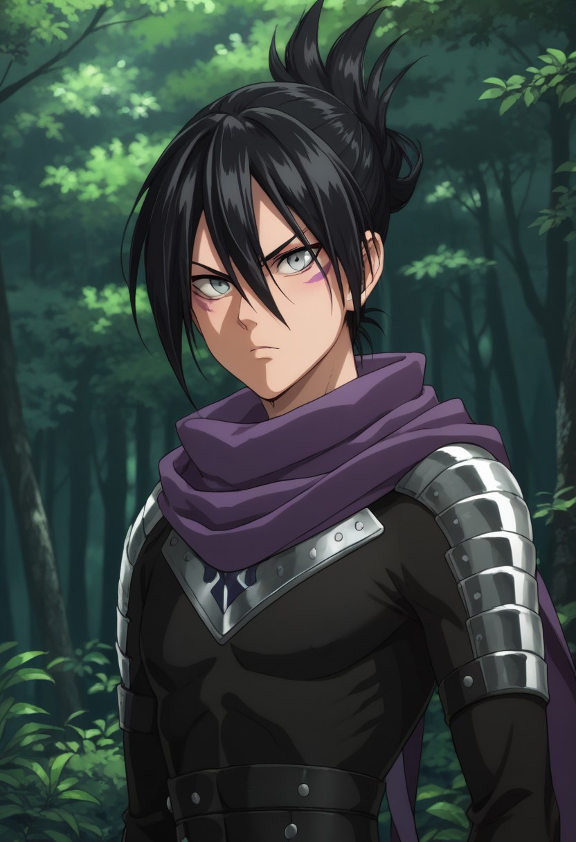 score_9, score_8_up, score_7_up, source_anime, highly detailed, 
nosonikku, 1boy, male focus, bodysuit, scarf, black hair, hair between eyes, black bodysuit, solo, facial mark, purple scarf, grey eyes, ninja uniform, upper body, serious,
outdoor, tree, shadows, forest,