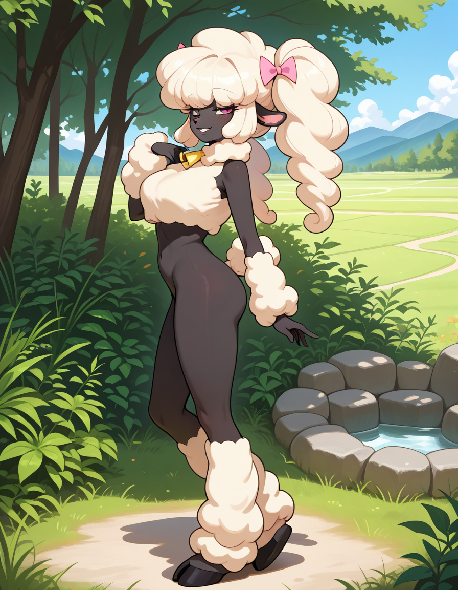 masterpiece, best quality, very aesthetic, absurdres,
outdoors,
full body, standing, posing,
seductive smile, parted lips, long eyelashes,
<lora:PoodleSheep_v01_NAIXL:1> P00dl3Sh33p,1girl, solo, furry, furry female, animal ears, long hair, bangs, hair bow, sheep ears, pink eyes, animal nose, neck bell, black skin, body fur, white fur, poodle tail, hooves,