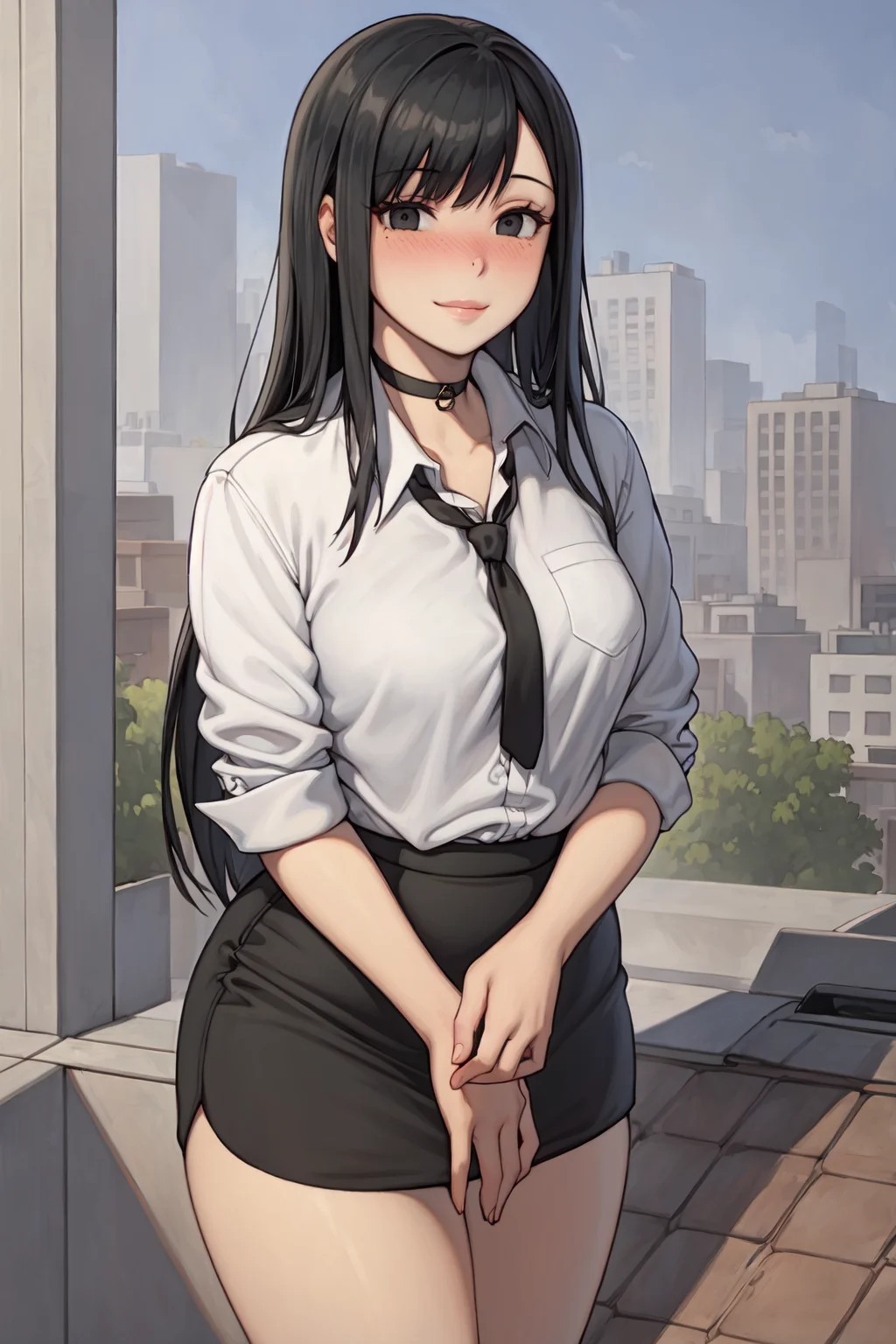 best quality, masterpiece, detailed background, highly detailed, intricate, detailed face, long eyelashes, detailed eyes, (standing:1.1), (thick thighs:1.0), (small breasts:1.0), (city, rooftop:1.3),
(one girl:1.2), (1girl:1.1), (solo:1.4), (black eyes:1.2), (black hair:1.3), (long hair, straight hair:1.1), (thick lips:1.3), (choker:1.1), (pale skin:1.0),
(office lady, white shirt, black tie, black pencil skirt:1.3),
(light smile:1.2), (blush, nose blush:1.2), <lora:ChelodoyStyle-V1R1-Fixed-8:1>