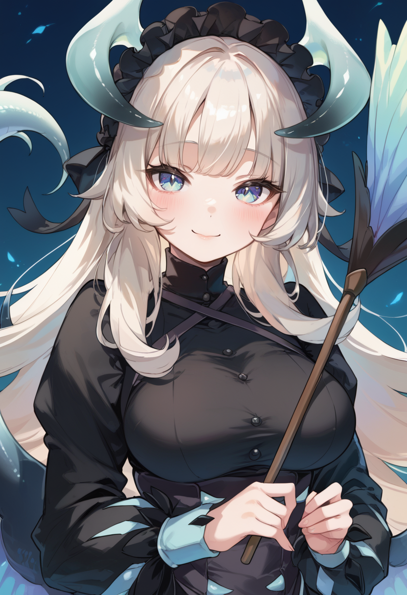 (score_9:0.9),score_8_up,score_7_up,rating_safe,anime style,(zPDXL),<lora:Chamber dragonmaid ponyXL v1:0.74>,chamber dragonmaid,1girl,solo,large breasts,holding duster,smile,blush,looking at viewer,black maid dress,dragon wings,closed mouth,black mob cap,upper body,duster,