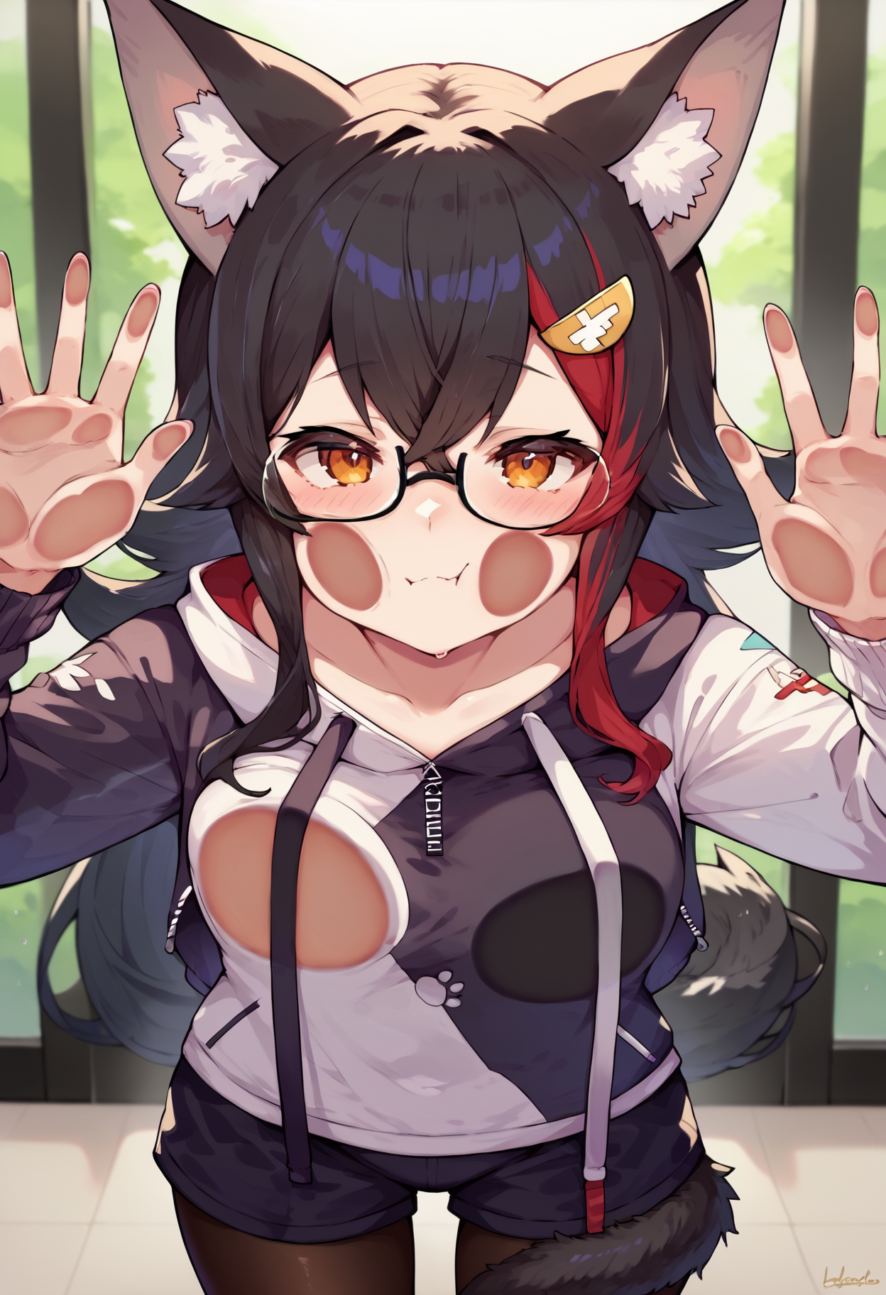 score_9, score_8_up, score_7_up, uncensored, source_anime, 1girl,  <lora:spagainstScreenXLPony:1> against glass, breast press, cheek press,  <lora:mioXL:1> mio_hoodie, hair ornament, two-tone hoodie, glasses, short shorts, black pantyhose, tail wrap, tail around leg