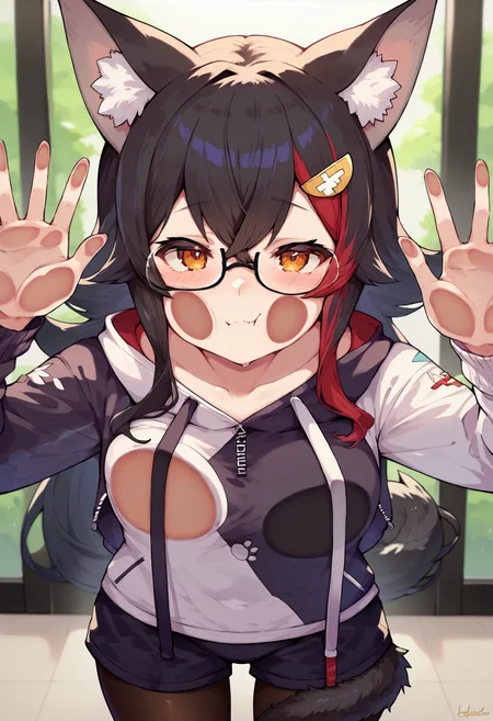 score_9, score_8_up, score_7_up, uncensored, source_anime, 1girl,  <lora:spagainstScreenXLPony:1> against glass, breast press, cheek press,  <lora:mioXL:1> mio_hoodie, hair ornament, two-tone hoodie, glasses, short shorts, black pantyhose, tail wrap, tail around leg
