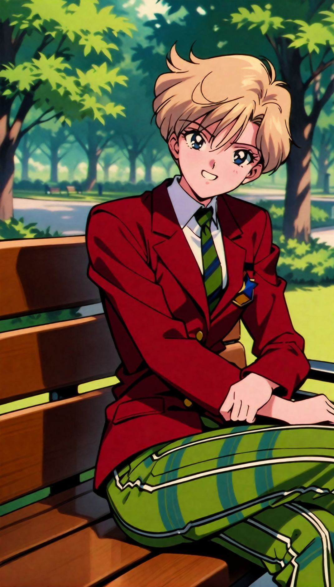 masterpiece,best quality,very aesthetic,absurdres,<lora:Sailor Uranus XL:0.9>,1990s \(style\),1girl,solo,flat chest,Sailor Uranus XL,blue eyes,plaid pants,necktie,short hair,blonde hair,pants,plaid,jacket,red jacket,mugen school uniform,shirt,very short hair,green pants,green necktie,park,sitting,park bench,crossed legs,looking at viewer,outdoors,grin,