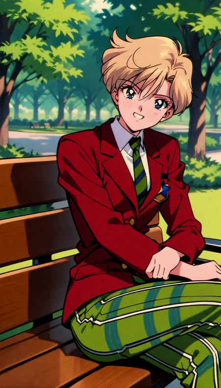 masterpiece,best quality,very aesthetic,absurdres,<lora:Sailor Uranus XL:0.9>,1990s \(style\),1girl,solo,flat chest,Sailor Uranus XL,blue eyes,plaid pants,necktie,short hair,blonde hair,pants,plaid,jacket,red jacket,mugen school uniform,shirt,very short hair,green pants,green necktie,park,sitting,park bench,crossed legs,looking at viewer,outdoors,grin,