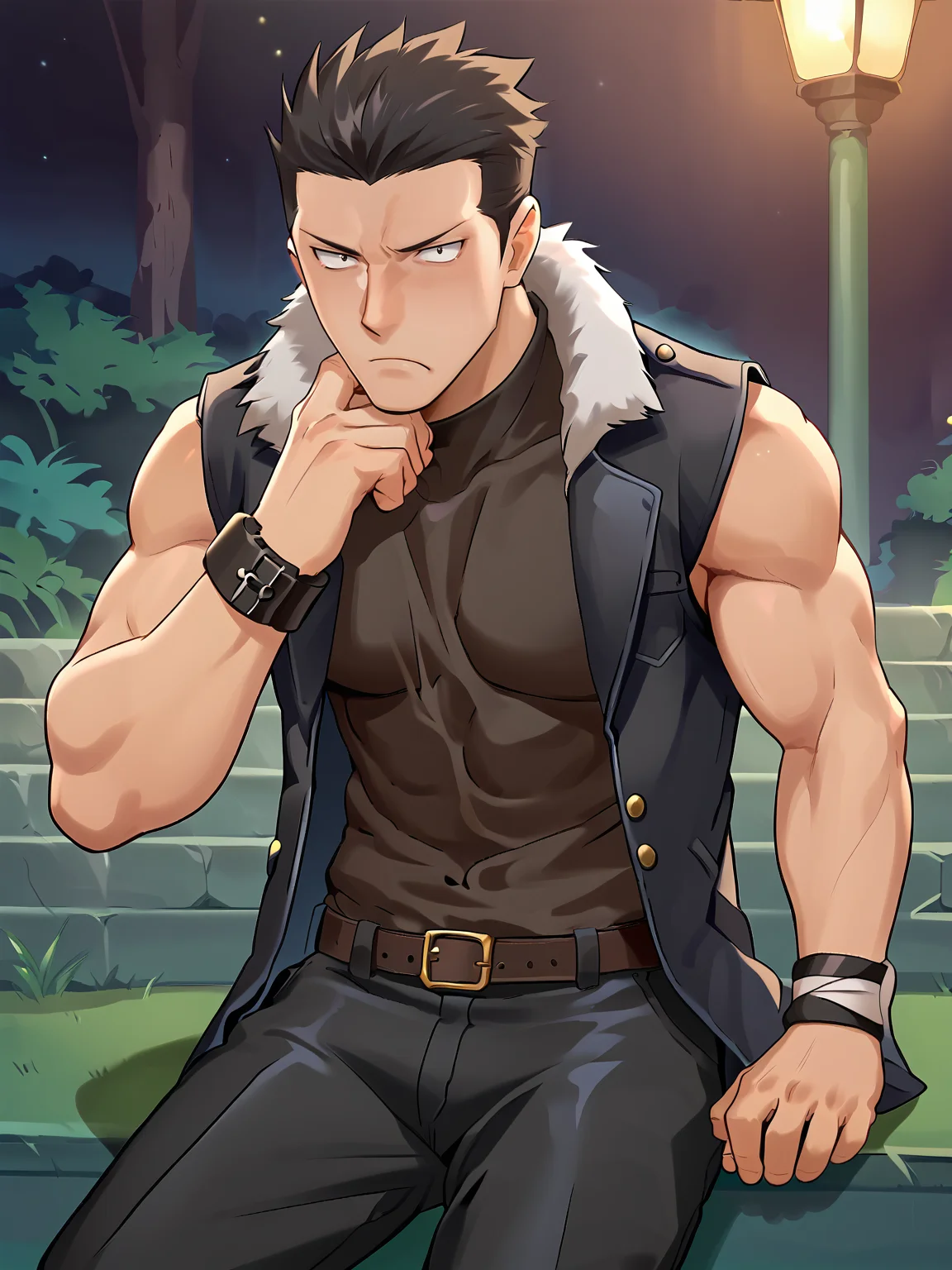 score_9, score_8_up, score_7_up, hires, cowboy shot, anime screenshot, official art, BREAK,
NSFW, 1boy, solo male,
<lora:Komaba_Ichirou_Silver_Spoon:0.8> k0maba, black hair, black eyes,
sleeveless, black compress shirt, tight shirt, sleeveless coat, black coat, open coat, ((fur trim, large fur trim)), leather pants, black pants, black bracelets, black bandages on wrist,
abs, pecs,
sitting down, leaning forward, hand on chin, scoff,
looking at viewer, disgust,
<lora:Smooth Anime 2 Style SDXL_LoRA_Pony Diffusion V6 XL:0.7>