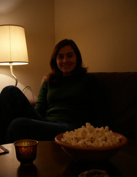 Amateur photography of a young Greek woman with a slim build, sitting on the right side of a cozy, dimly lit living room. She has light skin, straight shoulder-length dark brown hair, and a warm smile that reveals her relaxed and content mood. The woman is dressed casually in a dark green sweater and blue pants, comfortably reclining on a brown sofa. A large wooden bowl of popcorn is placed on the table in front of her, adding a homely touch to the scene. The setting is a simple, warm-toned living room with a beige lampshade casting a soft, warm light from the left side of the image, illuminating her face and upper body, while the background remains in shadows. The image captures a quiet, intimate moment with a focus on the foreground, creating a cozy and inviting atmosphere. low light, warm tones, soft diffused light, on flickr in 2007, 2005 blog, 2007 blog <lora:amateurphotov2-000049:0.7>