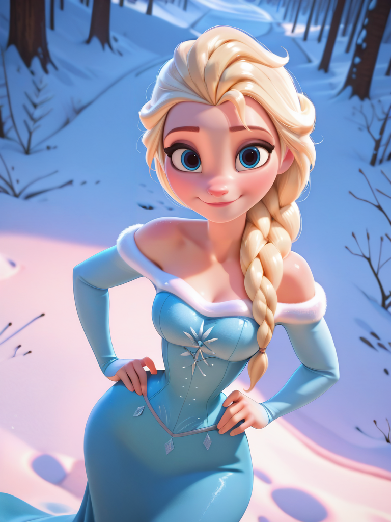 highres, hi res, best quality, masterpiece,, DisneyStudioXL, cinematic,
1girl, medium breasts, narrow waist, wide hips, (ElsaXL:1.1), blonde hair, blue eyes, single braid, hair over shoulder, blue dress, bare shoulders, long sleeves, long skirt,
light smile, dutch angle, cute pose, looking at viewer, snow, dynamic pose, cowboy shot, one hand on hips, one hand on hair, from above,
 <lora:ElsaXL_Character:0.7> <lora:DisneyStudios_style-12IL:0.8>
