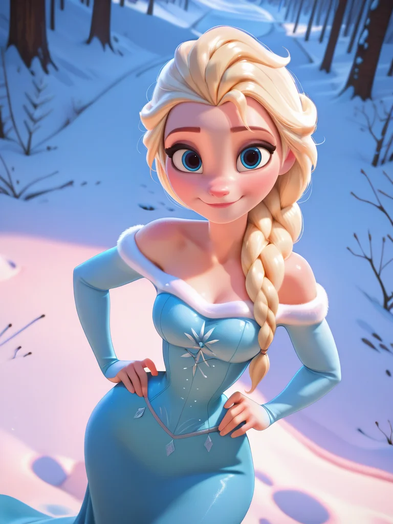 highres, hi res, best quality, masterpiece,, DisneyStudioXL, cinematic,
1girl, medium breasts, narrow waist, wide hips, (ElsaXL:1.1), blonde hair, blue eyes, single braid, hair over shoulder, blue dress, bare shoulders, long sleeves, long skirt,
light smile, dutch angle, cute pose, looking at viewer, snow, dynamic pose, cowboy shot, one hand on hips, one hand on hair, from above,
 <lora:ElsaXL_Character:0.7> <lora:DisneyStudios_style-12IL:0.8>