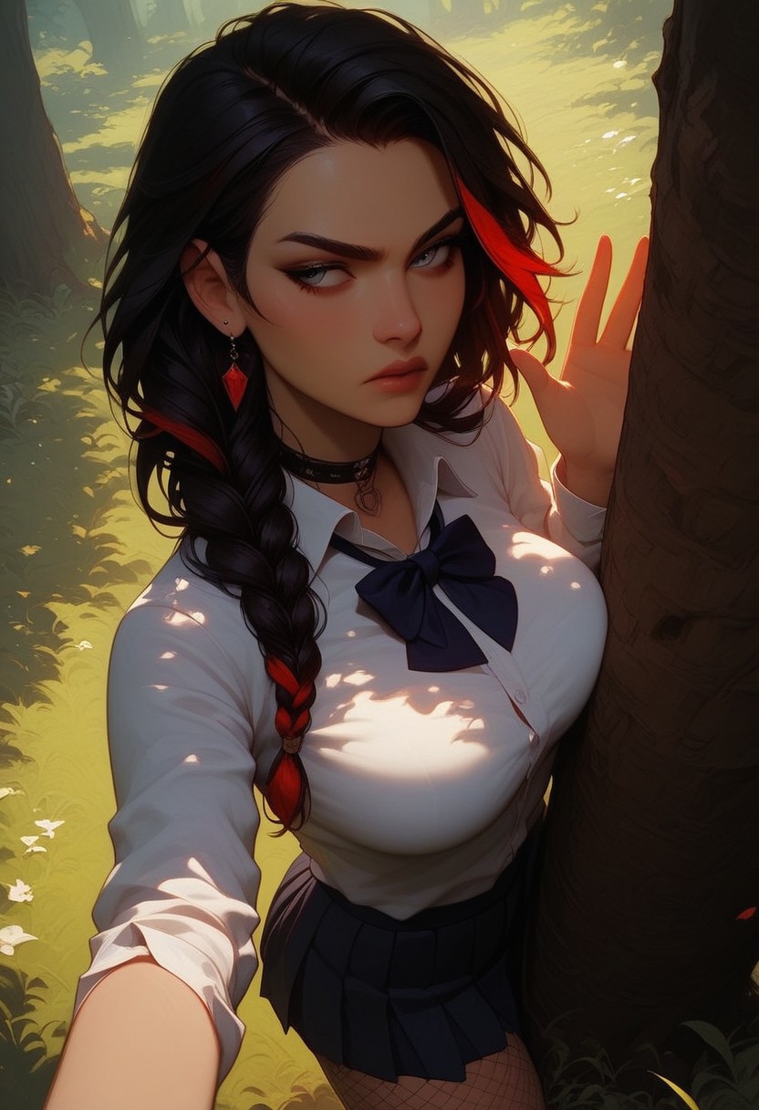 score_9,score_8_up,score_7_up,score_6_up,score_5_up, masterpiece, best_quality, ultra-detailed, masterpiece,
1girl, solo, black hair, red highlights in hair, braided hair, school uniform, fishnets, breasts, forest, sexy, hot, fit body, against a tree, leaning against a tree, back against tree, looking away, annoyed, (hand up, waving away, shooing away), 
(Face Focus, from above), (Closeup:1.3), (close up:1.3),