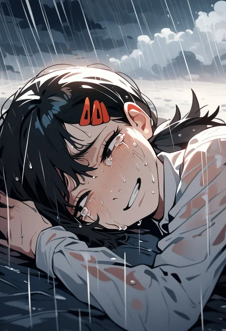 (illustration, 1girl, higashiyama kobeni, chainsaw man, tears, smile, lying on side, cloudy sky, rain, sunlight, wet, sad, masterpiece)