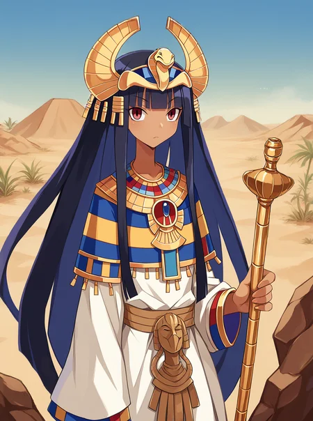 score_9, score_8_up, score_7_up, source_anime, solo, 1girl, pharaoh, dark skin, blunt bangs, desert, oasis, harada takehito, <lora:harada_takehito_PDXL-000001:1>