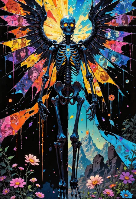 (in Otomo Katsuhiro style:1.2), masterpiece, high-quality, A skeletal figure with wings formed from shards of stained glass, each shard reflecting scenes of memories from past lives, They hover over a landscape divided between night and day, casting a kaleidoscope of colors over the dark side, Below flowers bloom where the colored light touches, memory shards, life and death, spectral light, Stylized anime-inspired art with abstract stained-glass details and vibrant contrasts, (elaborate fine details:1.1), (hyperdetailed:1.1), (intricate details:1.0), (Refined details:1.1), (best quality:1.1), (high resolution:1.2), <lora:FLUX\Anime v1.3:0.6> <lora:FLUX\VividlyReal:0.6> <lora:FLUX\FLUX-daubrez-DB4RZ:0.4>