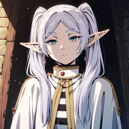 masterpiece, best quality, newest, absurdres, highres, GOTAV1.0,
1girl, frieren, elf, pointy ears, pigtails, white robe,
