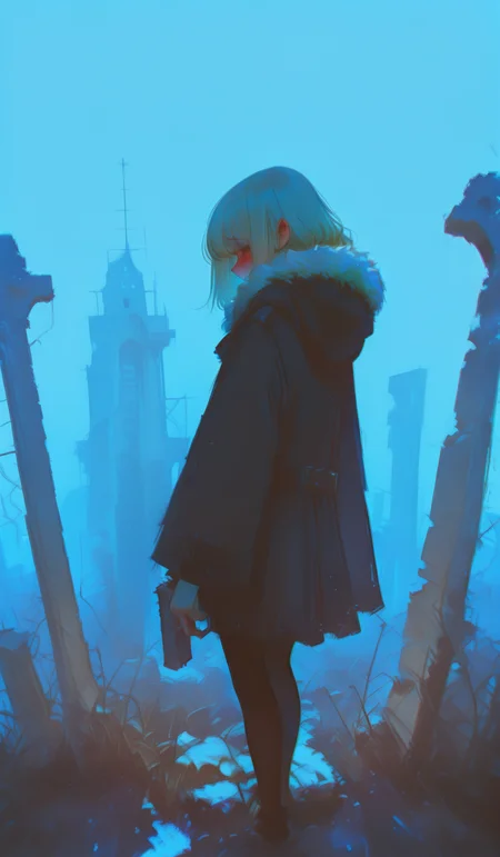 masterpiece, best quality, very aesthetic, dynamic composition, sketch, traditional media, abstract, abstract background, painting \(medium\), no lineart, adventurer_(ff11),embarrassed,Standing, 1girl, ruins, solo, chromatic aberration, building, from behind, fur trim, outdoors, standing, post-apocalypse, jacket, holding, overgrown, rubble, coat, gun, facing away, pantyhose, hood, hood down, city, long sleeves, weapon, [blue theme, holding gun