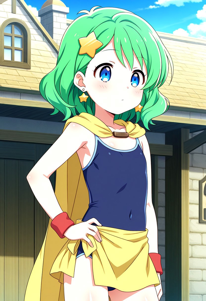 official art, detailed anime, ultra detailed anime art, anime screencap, screencap, score 9, score 8 up, score 7 up, masterpiece, anime coloring, source anime,
BREAK
RydiaMage, 1girl, solo, green hair,  blue eyes, short hair, aged down, flat chest, shiny skin, smoothy skin,
BREAK
hair ornament, cape, jewelry, blue leotard, skirt, sarong, star earrings, yellow cape, bracelet, covered navel, thighs, wristband, skintight, star hair ornament, red ankle boots,
BREAK
cowboy shot, standing, 1hand on hip, day, generic fantasy town, detailed background,
