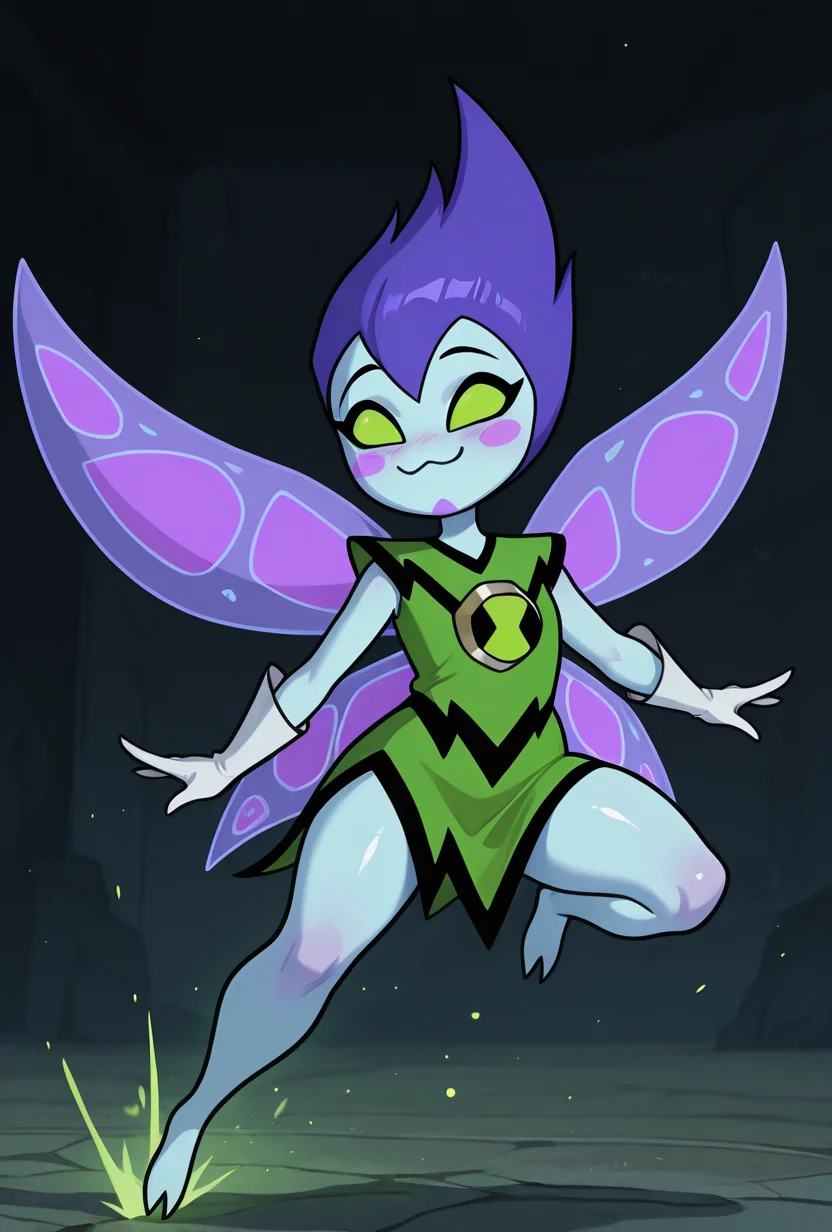 <lora:peskydust-09:1> peskydust, blue skin, fairy wings, blush stickers, 1girl, white gloves, green eyes, green dress, purple hair, dynamic pose, :3,, masterpiece, best quality, amazing quality, very aesthetic, absurdres, newest,