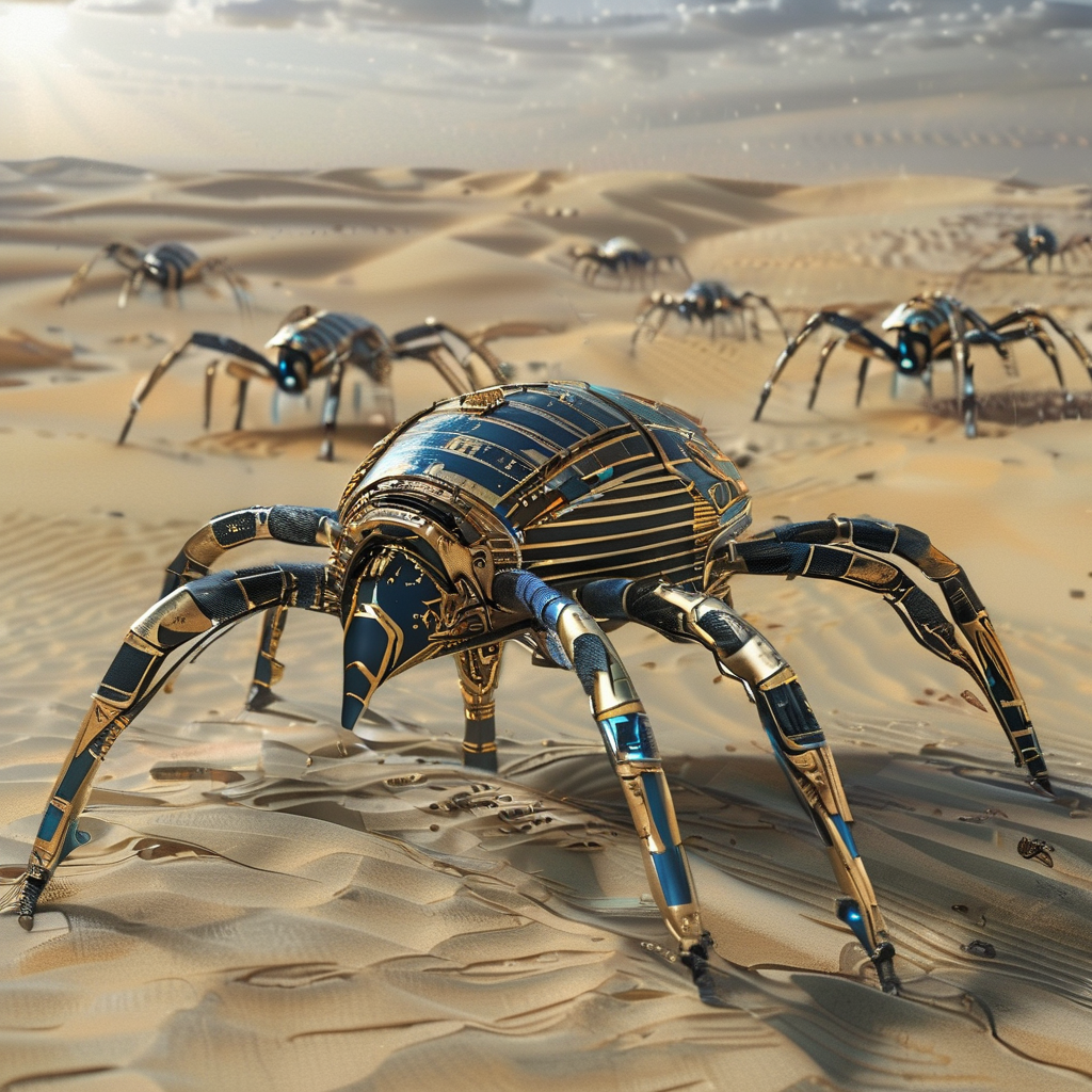 pharaotech military cyber spiders in the desert<lora:pharaotech:1>