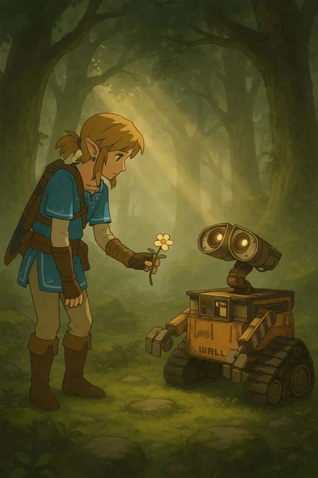 Link from Breath of the Wild gently offers a flower to a recharging WALL-E in a misty forest clearing. Light filters through ancient trees, casting golden rays across moss-covered stones. WALL-E’s eyes softly glow as he tilts his head. Gentle atmosphere, Studio Ghibli vibes, emotion: quiet wonder and kindness.

