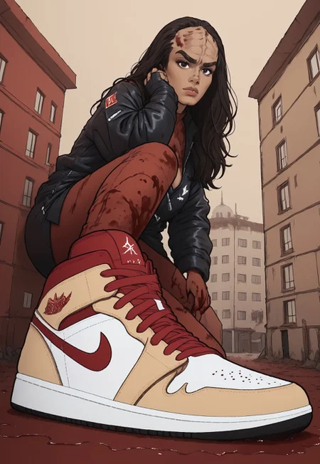 safe_pos, score_9, score_8_up, score_7_up, 18 year old female kling0n alien, large forehead ridges, large eyebrows, brown skin, space station background, hud_sh03_sh0w, foreshortening, looking at viewer, sneakers. Nike, shoes covered in blood, puddle of blood, wearing leather armor with cleavage cutout