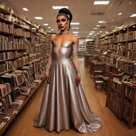 photo, realistic, hyperrealism, source filmmaker, score_9, score_8_up, score_7_up, best quality, masterpiece, source_anime, zPDXL3, BREAK,1boy, <lora:dark-skinned_drag_queen:1> 1boy, dark-skinned drag queen, dark-skinned male, jewelry, earrings, makeup, Crochet lace bell sleeve dress, flat chest, at a library,, full body,
