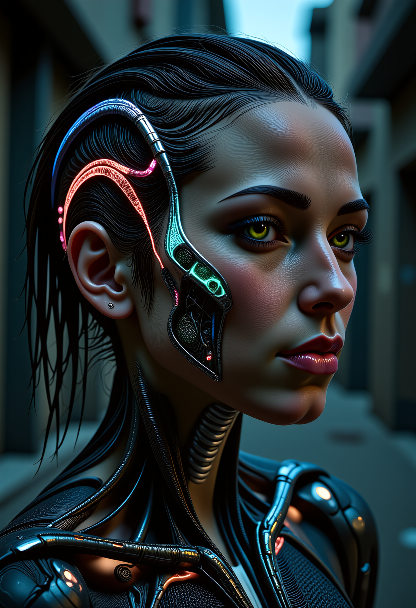 biopunk style, full body portrait of a human with bioluminescent vascular system exposed, intertwined with intricate chrome and copper wiring forming a skeletal exoskeleton, tubes pumping iridescent fluid, dimly glowing detailed eyes, decaying urban background, cinematic lighting, detailed skin texture, hyperrealistic, 8k,   <lora:flux/Realism 2>, realism, realistic, <lora:flux_trainer/bioPunk_v1>