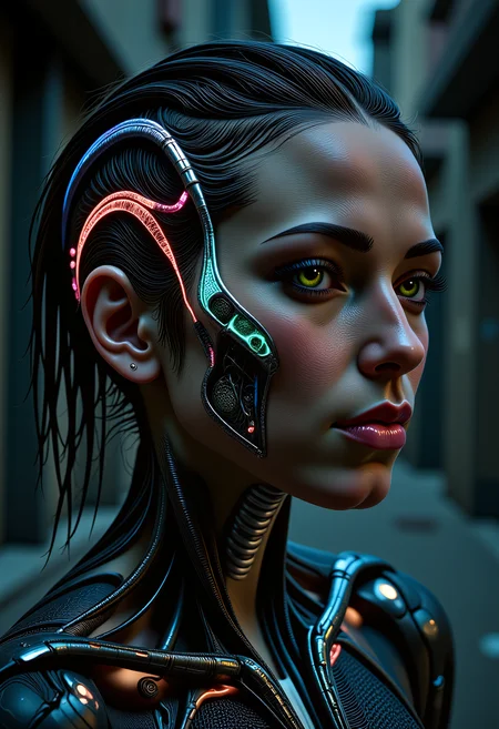 biopunk style, full body portrait of a human with bioluminescent vascular system exposed, intertwined with intricate chrome and copper wiring forming a skeletal exoskeleton, tubes pumping iridescent fluid, dimly glowing detailed eyes, decaying urban background, cinematic lighting, detailed skin texture, hyperrealistic, 8k, <lora:flux/Realism 2>, realism, realistic, <lora:flux_trainer/bioPunk_v1>