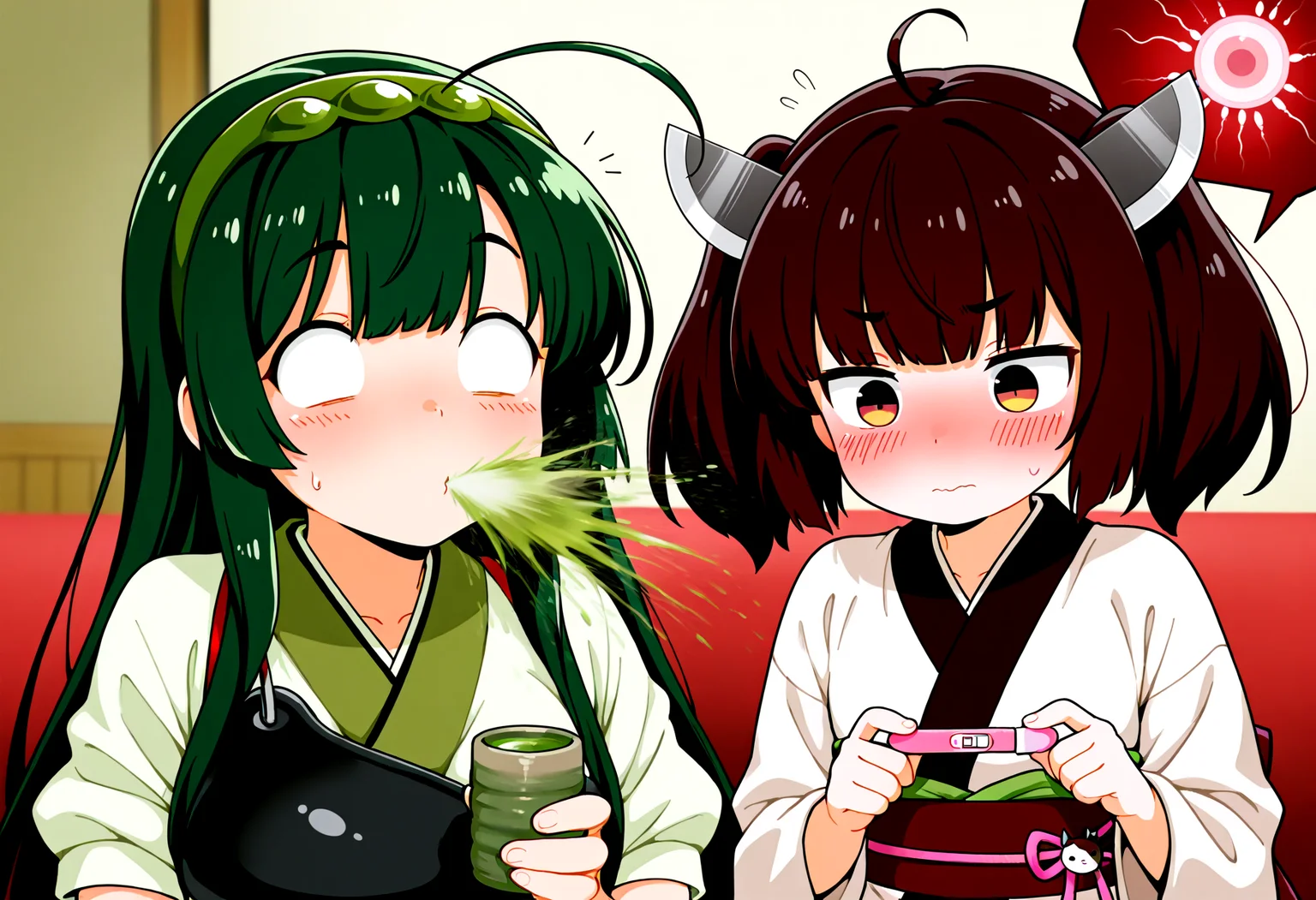 masterpiece, best quality, amazing quality,
 ADDCOMM 
 ADDBASE 
2girls, touhoku zunko, japanese clothes,  muneate, 
holding yunomi, tea, blank eyes, 
   <lora:SpitTake:1> spit take, spitting green water, 
 ADDCOL 
2girls, touhoku kiritan, holding pregnancy test, japanese clothes, embarrassed, troubled eyebrows, spoken sperm and ovum fertilized,