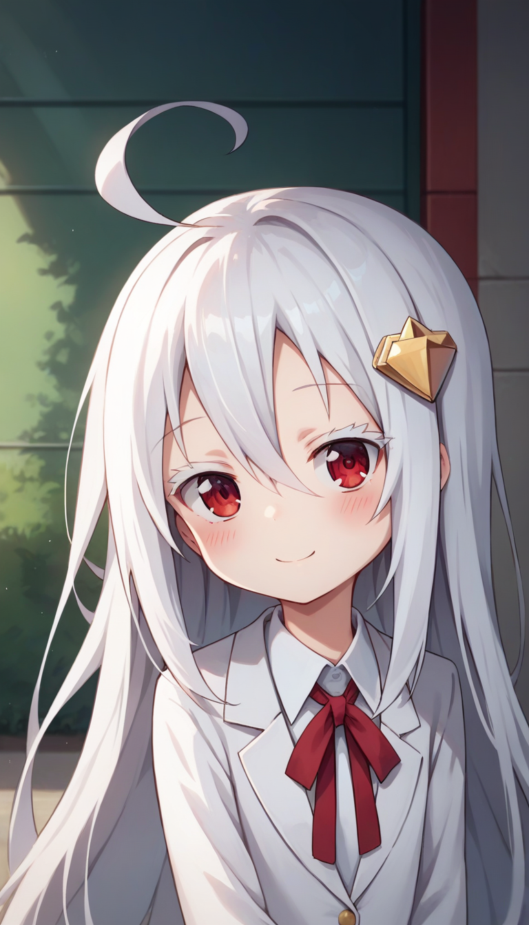 score_9,score_8_up,masterpiece,best quality,correct anatomy,anime_source,1girl,solo,perfect eyes,perfect arms,perfect legs,perfect face,outdoors,upper body,(portrait:1.5),looking at viewer,facing viewer,smile,blush,(petite:1.5),Hikari Kongo,ahoge,very long hair,white hair,hair ornament,hair between eyes,bangs,colored eyelashes,red eyes,loose clothes,school uniform,white jacket,blazer,long jacket,neck ribbon,red ribbon,white shirt,collared shirt,long sleeves,flat chest,red skirt,pleated skirt,black socks,brown footwear,<lora:Hikari Kongo(huc)-Pony:1.2>,