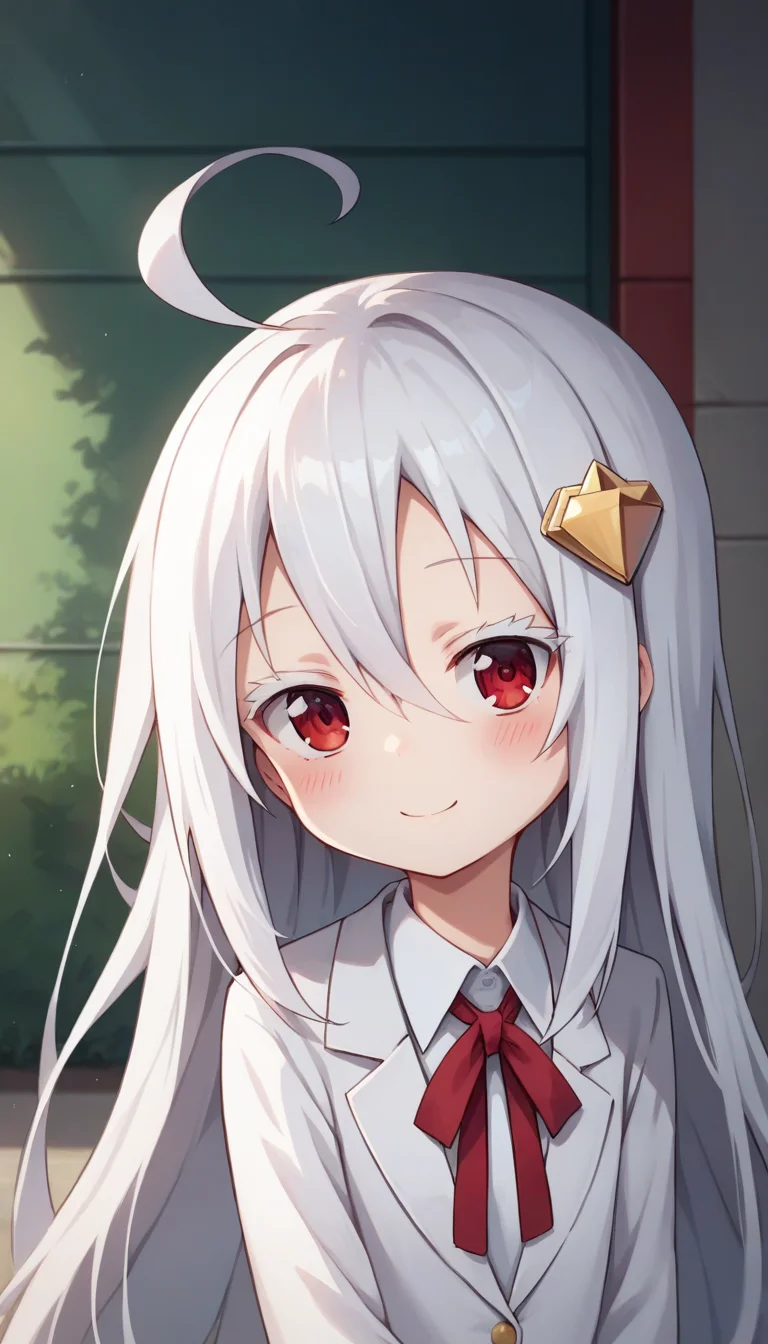 score_9,score_8_up,masterpiece,best quality,correct anatomy,anime_source,1girl,solo,perfect eyes,perfect arms,perfect legs,perfect face,outdoors,upper body,(portrait:1.5),looking at viewer,facing viewer,smile,blush,(petite:1.5),Hikari Kongo,ahoge,very long hair,white hair,hair ornament,hair between eyes,bangs,colored eyelashes,red eyes,loose clothes,school uniform,white jacket,blazer,long jacket,neck ribbon,red ribbon,white shirt,collared shirt,long sleeves,flat chest,red skirt,pleated skirt,black socks,brown footwear,<lora:Hikari Kongo(huc)-Pony:1.2>,