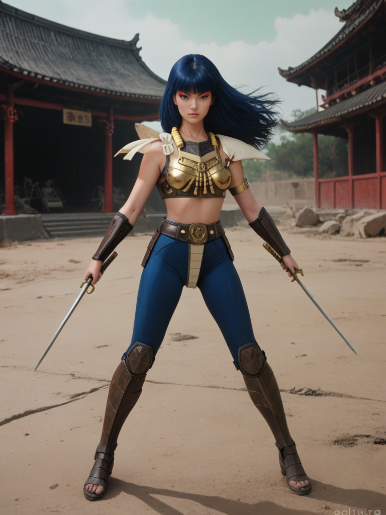 score_9, score_8_up, score_7_up, realistic,  background is green sky, asian temple, wasteland, <lora:Lady_Kayura:.8>,  ladykayura, kayura, (anubis armor), ronin warriors, full body, solo, 1girl, retro, blue hair, 1980s (style), bangs, long hair, blue eyes, battle pose, action pose, makeup, armor, japanese, asian, monolid:1.2, dual wielding, knees,