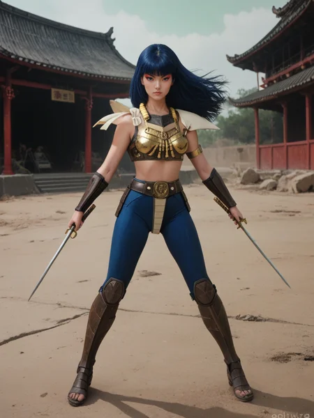 score_9, score_8_up, score_7_up, realistic, background is green sky, asian temple, wasteland, <lora:Lady_Kayura:.8>, ladykayura, kayura, (anubis armor), ronin warriors, full body, solo, 1girl, retro, blue hair, 1980s (style), bangs, long hair, blue eyes, battle pose, action pose, makeup, armor, japanese, asian, monolid:1.2, dual wielding, knees,