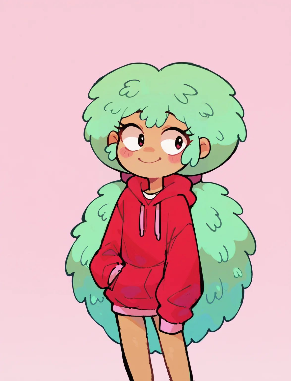 score_9, score_8_up, score_7_up, score_6_up, score_5_up, 1girl, <lora:Kelly_SVTFOE:1> kelly svtfoe, green hair, standing, red hoodie, long sleeves, smile, long hair,
pink background, <lora:possum machine_Pony_locon_e24:0.45>