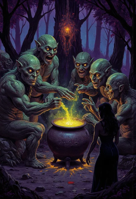 A group of goblins with twisted, gnarly bodies and glowing yellow eyes gather around a bubbling cauldron in a dark, haunted forest, their cackles echoing through the trees as they mix a potion to summon a powerful spirit. Nearby, a curvy, sexy witch with a big butt watches with amusement, her arms crossed over her chest, as she waits to see if the goblins’ spell will succeed or backfire in spectacular fashion.
Vibrant, grotesque, and surreal with bold contrasts, heavy black outlines, and a blend of dreamlike autumnal hues; a mix of neon, retro, and pagan elements, inspired by Sean Äaberg’s punk-infused, chaotic energy and dreamcore's eerie, nostalgic undertones