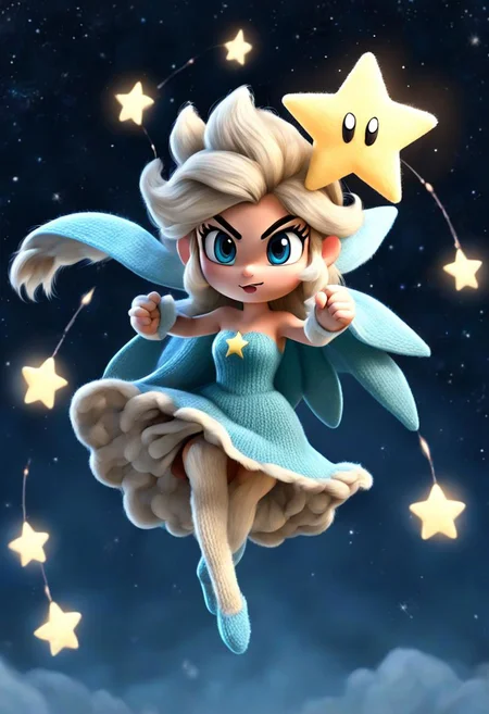 Fairy Like adorable petite female skinny Nintendo rosalina, fighting stance, furry, very wooly, Large eyes, fuzzy furry like, Long hairy fluffy, devouring, blushed seducing shy angry Look from beneath, knitted hairband and knitted Wooly stockings, fists up, Cape and Hair in Wind, Wind Vortex, tanslucent, levitating luminous Star