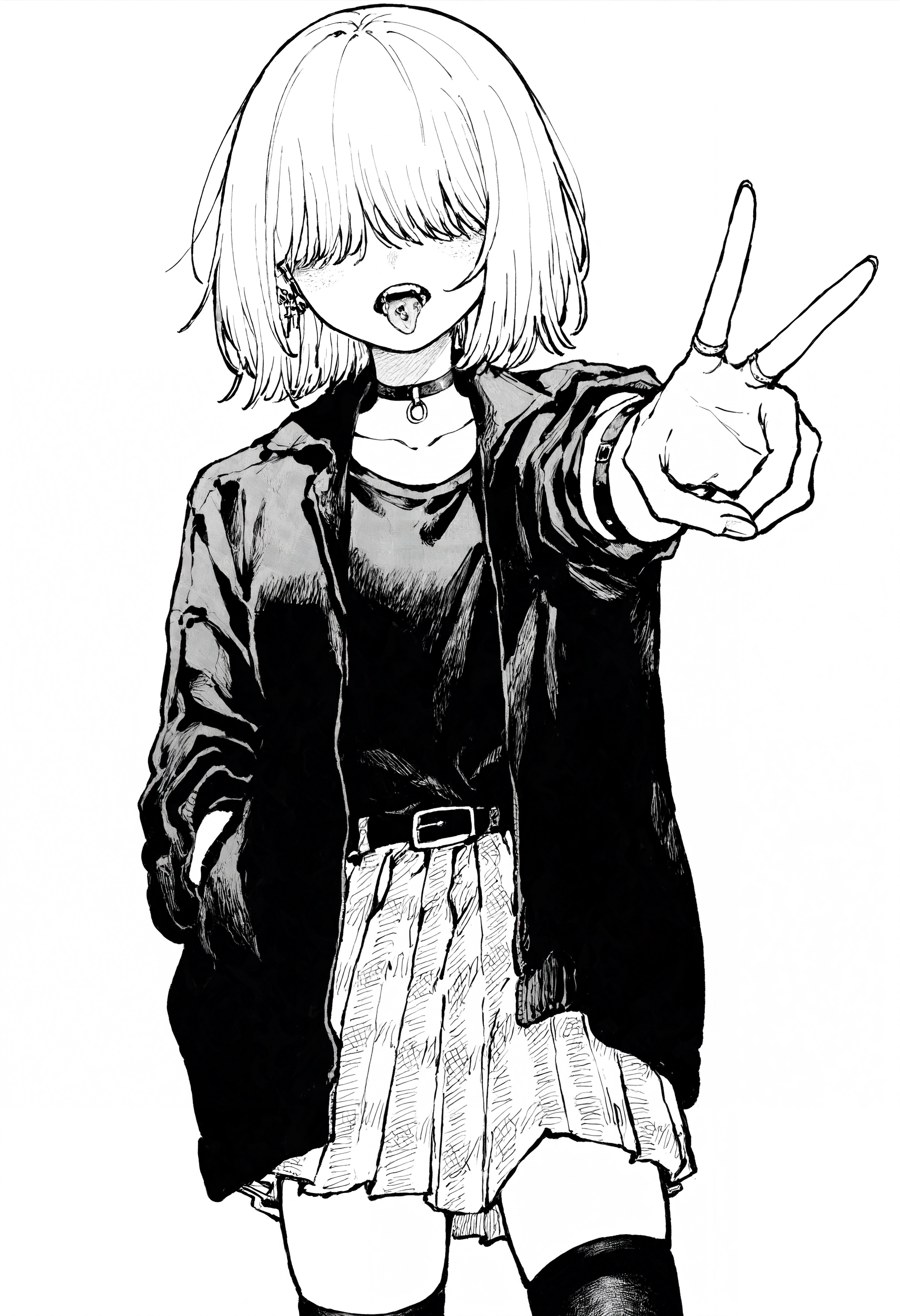 masterpiece, highres, absurdres, newest, very awa, monochrome, greyscale,  1girl, solo, short hairn hair over eyes, open jacket, black jacket, black shirt, collarbone, choker, cross, rings, pleated skirt, plaid skirt, arm strap, sleeves rolled up, black thighhighs, belt,  tongue out, reaching towards viewer, v, hand in pocket, simple background,  <lora:spo_sdxl_10ep_4k-data_lora_webui>,  <lora:NOOB_EPSv1_1_detailer_by_vlnvk_v1_0>, <lora:noobai_ep11_stabilizer_v0.30_fp16>, <lora:takayanagi_katsuya:0.7>