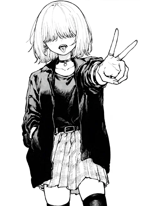 masterpiece, highres, absurdres, newest, very awa, monochrome, greyscale, 1girl, solo, short hairn hair over eyes, open jacket, black jacket, black shirt, collarbone, choker, cross, rings, pleated skirt, plaid skirt, arm strap, sleeves rolled up, black thighhighs, belt, tongue out, reaching towards viewer, v, hand in pocket, simple background, <lora:spo_sdxl_10ep_4k-data_lora_webui>, <lora:NOOB_EPSv1_1_detailer_by_vlnvk_v1_0>, <lora:noobai_ep11_stabilizer_v0.30_fp16>, <lora:takayanagi_katsuya:0.7>