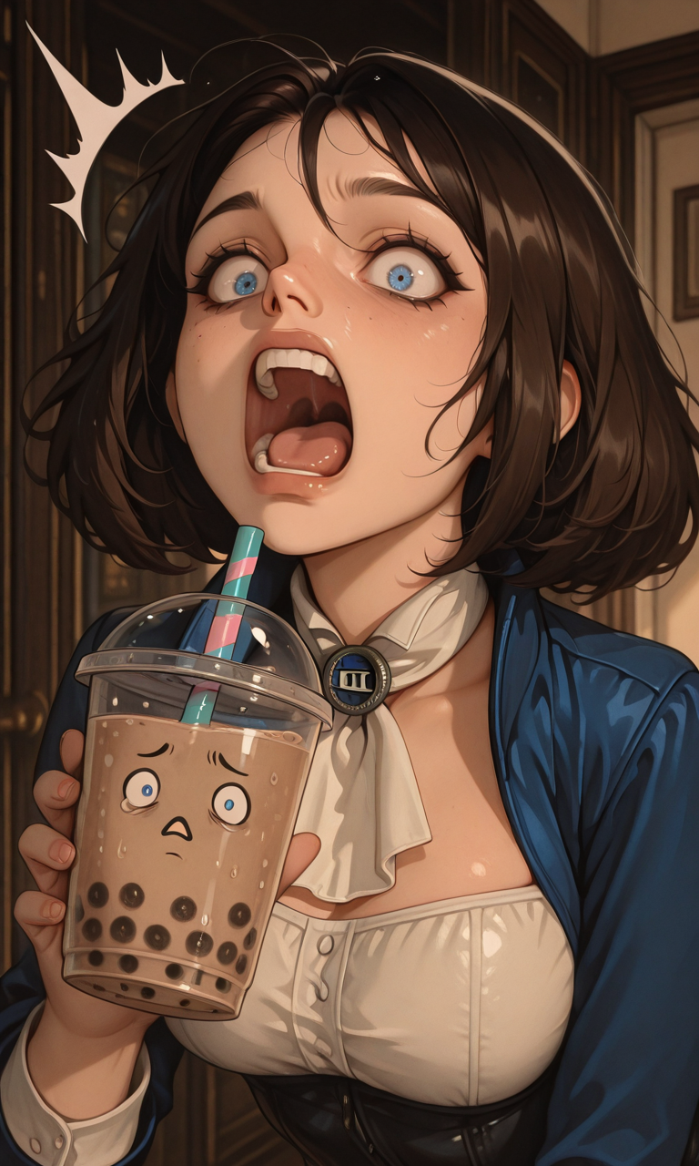 embedding:IllusP0s, (artist:moriimee:1.2), 1girl, bubble tea, surprised, holding, screaming, elizabeth_\(bioshock infinite\)<lora:MoriiMee_Gothic_Niji_Style_Illustrious_r1.safetensors:1.0:1.0> <lora:bubble tea friend_illustrious.safetensors:1:1>