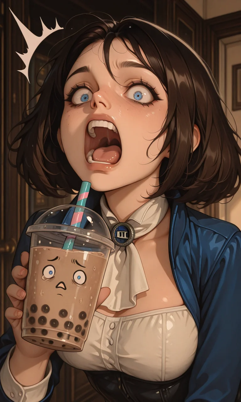 embedding:IllusP0s, (artist:moriimee:1.2), 1girl, bubble tea, surprised, holding, screaming, elizabeth_\(bioshock infinite\)<lora:MoriiMee_Gothic_Niji_Style_Illustrious_r1.safetensors:1.0:1.0> <lora:bubble tea friend_illustrious.safetensors:1:1>