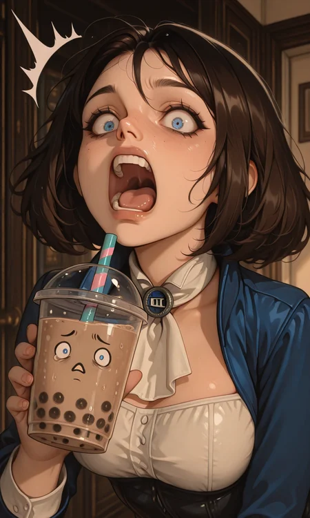 embedding:IllusP0s, (artist:moriimee:1.2), 1girl, bubble tea, surprised, holding, screaming, elizabeth_\(bioshock infinite\)<lora:MoriiMee_Gothic_Niji_Style_Illustrious_r1.safetensors:1.0:1.0> <lora:bubble tea friend_illustrious.safetensors:1:1>