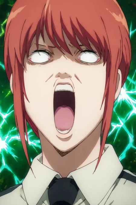score_9, score_8_up, score_7_up, score_6_up, score_5_up, score_4_up, <lora:mak1ma0XL_Pony_v1> , 1girl, mak1ma0, red hair, long hair, blank eyes, white collared shirt, black necktie, <lora:gintama_funny_face:1>, gintama_funny_face, open mouth, impact lines, lightning energy in the background, alone, looking at the viewer, masterpiece, highres, highly detailed face, highly detailed shining eyes, symmetrical highly detailed eyes
