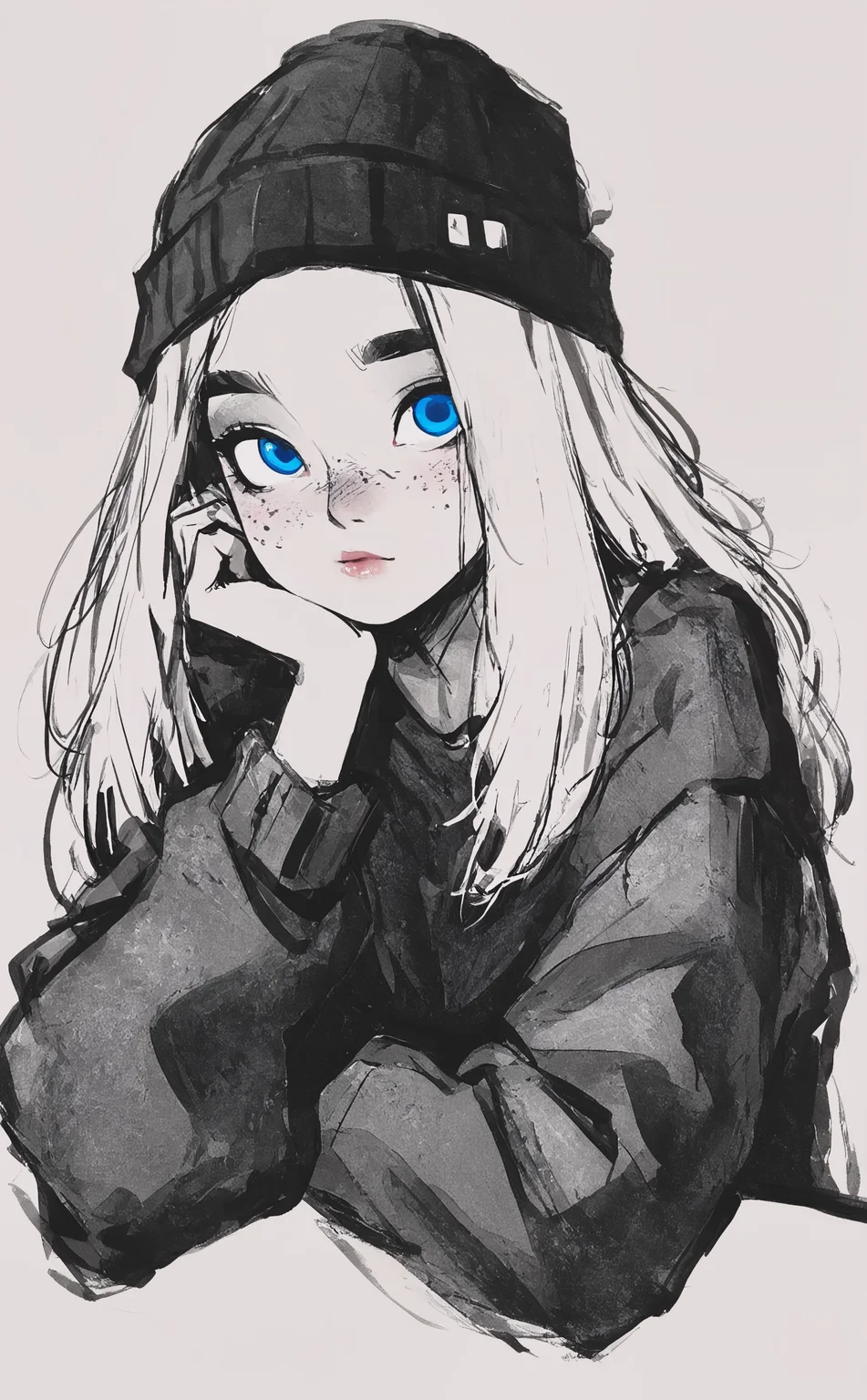 masterpiece, best quality, amazing quality, 1girl, solo, long hair, blue eyes, simple background, long sleeves, hat, closed mouth, upper body, monochrome, sketch, lips, freckles, head rest, beanie, Karinami Inkblush mode,thick ink outlines,soft marker gradients,era 2020s indie illustration,(Inkblush style:1.2),
watercolor <lora:noobai_ep11_stabilizer_v0.138_fp16:0.3> <lora:XXX667:0.6> <lora:96YOTTEA-WAI:0.6> <lora:wodder:0.7> <lora:Karinami_Inkblush_mode_Illustrious_clean:0.5>