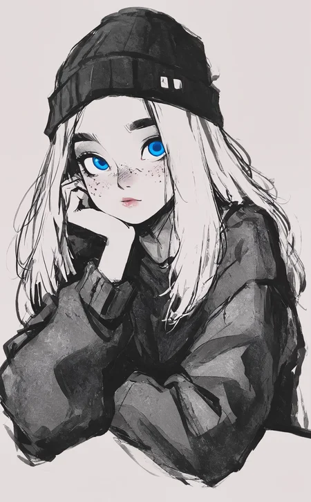 masterpiece, best quality, amazing quality, 1girl, solo, long hair, blue eyes, simple background, long sleeves, hat, closed mouth, upper body, monochrome, sketch, lips, freckles, head rest, beanie, Karinami Inkblush mode,thick ink outlines,soft marker gradients,era 2020s indie illustration,(Inkblush style:1.2),
watercolor <lora:noobai_ep11_stabilizer_v0.138_fp16:0.3> <lora:XXX667:0.6> <lora:96YOTTEA-WAI:0.6> <lora:wodder:0.7> <lora:Karinami_Inkblush_mode_Illustrious_clean:0.5>