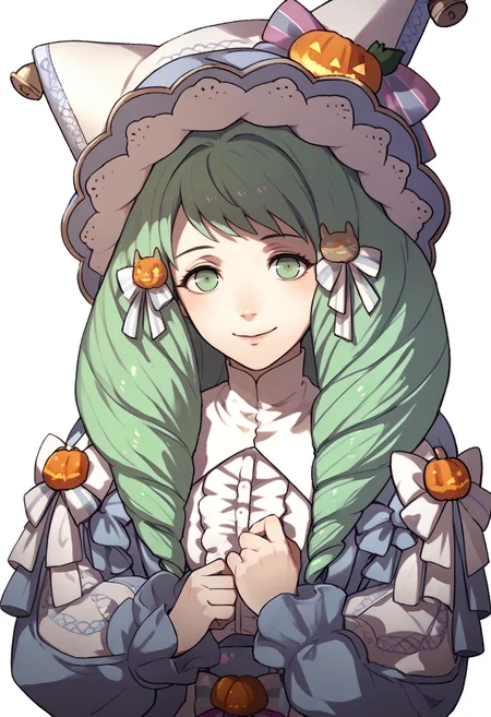 score_9, score_8_up, score_7_up, source_anime, 1girl, smile, <lora:zs_FE3HPortraitsXL:1> fe3hportraits, upper body, white background, <lora:FlaynFE-pdxl:1> hlwnFlayn, long hair, drill hair, long sleeves, hair ornament, dress, frills, bow, hat, halloween costume