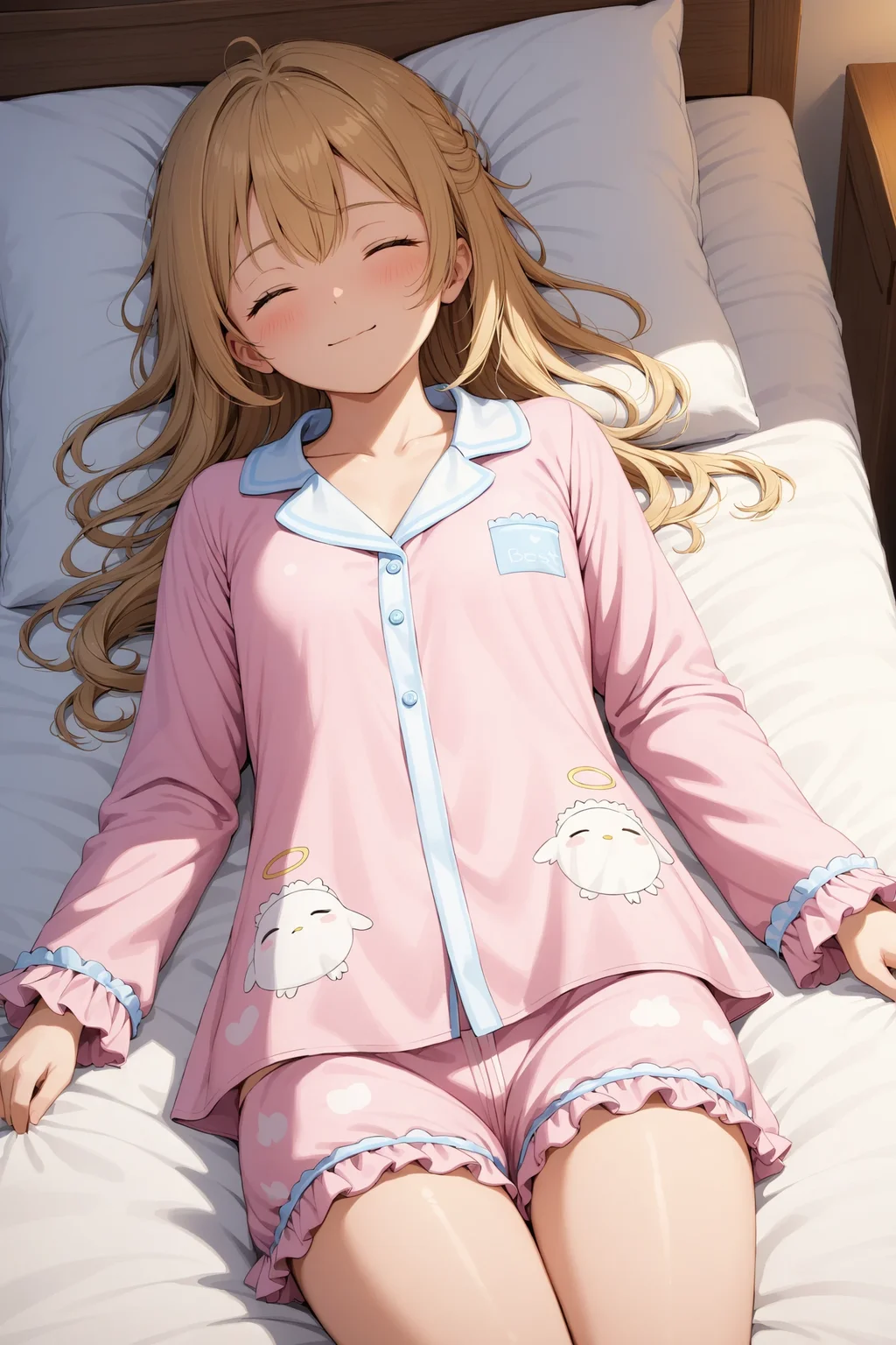 1girl, solo, angelic smile, pajamas, on bed, sleeping, closed eyes, masterpiece, best quality,